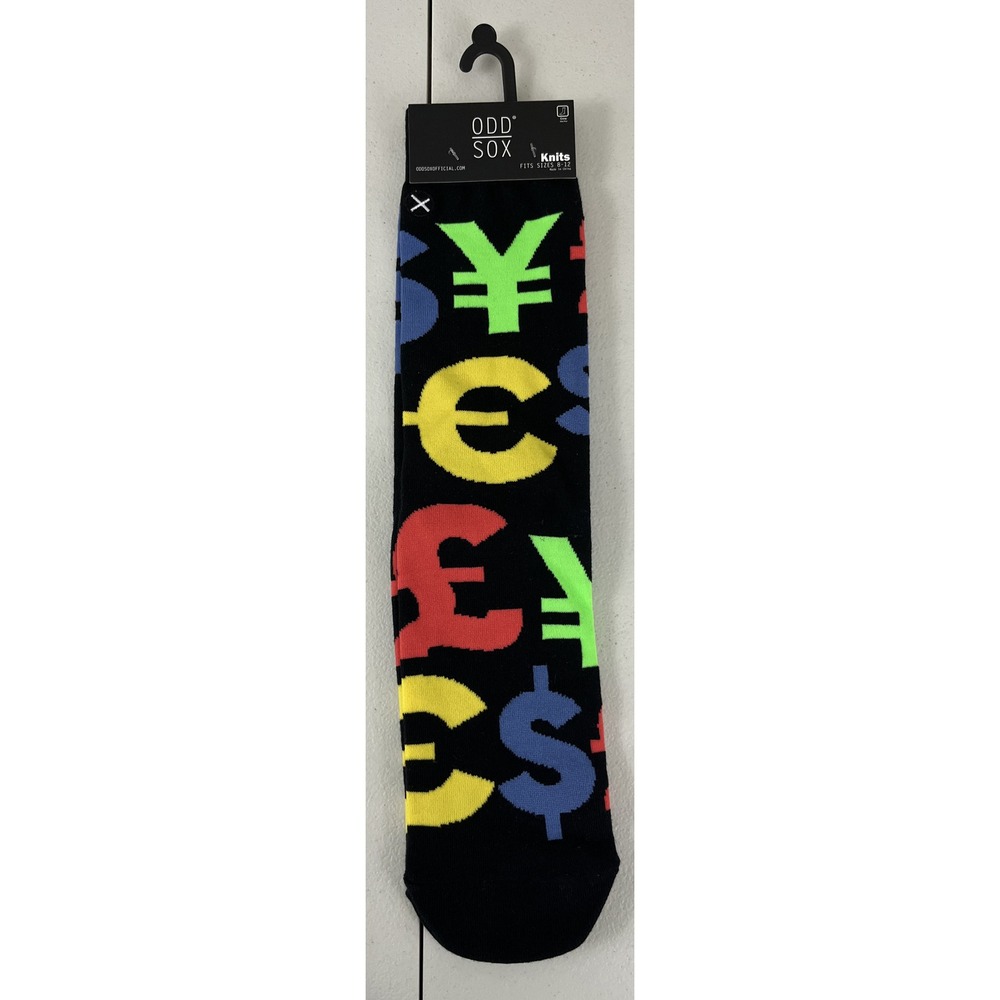 Odd Sox Money Dollar Signs Fun Graphics Crew Socks Mens Size 8-12 Black Multi